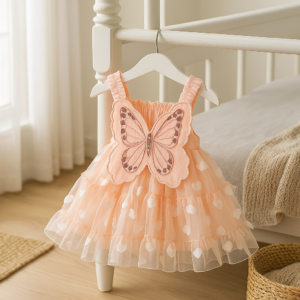 Elegant Butterfly Dress for Girls | Light Peach Party Wear Frock | Age 6M-3 Years