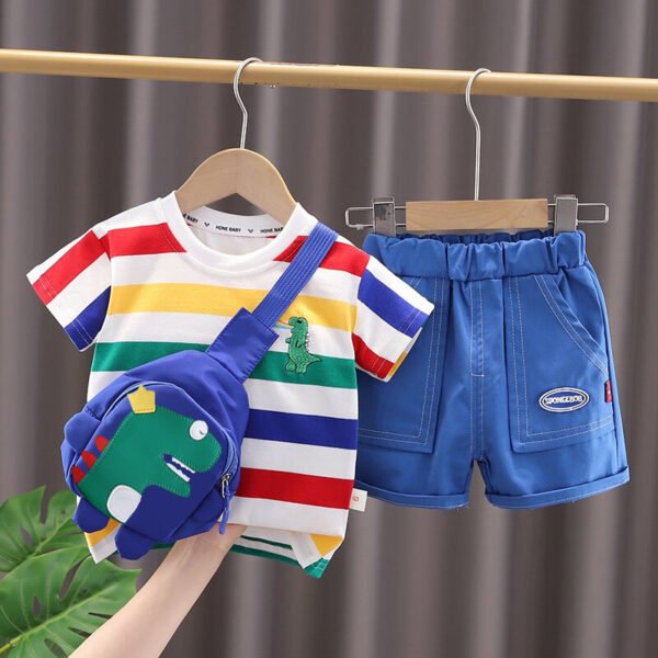 Boys & Girls Summer Cotton Striped Dinosaur 2-Piece Suit with Bag