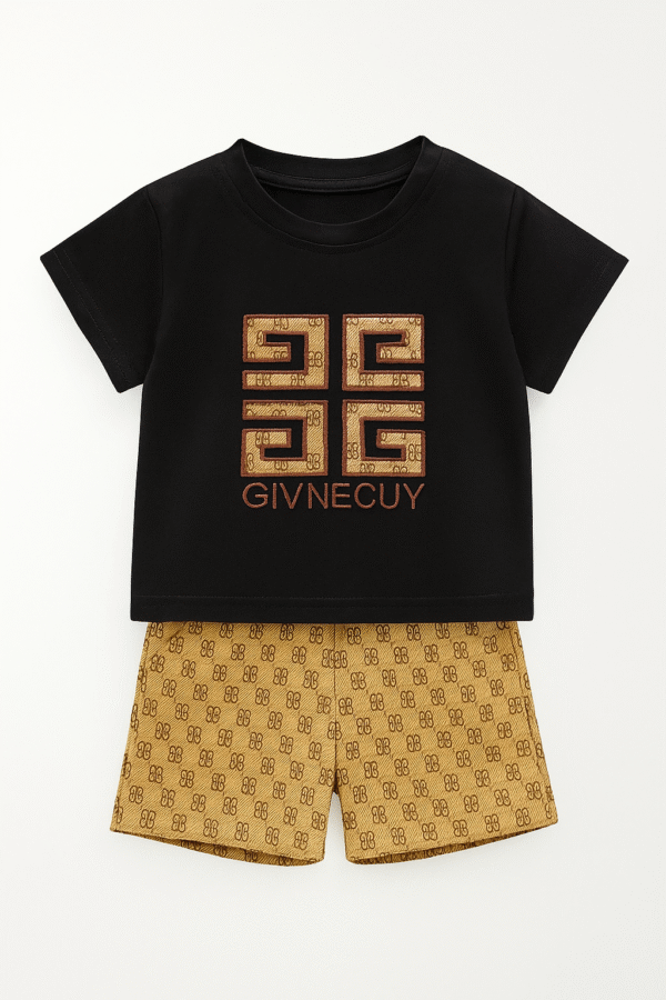 Kiddozoo Bold Black & Gold Logo Tee and Shorts Set for Stylish Kids (Unisex)