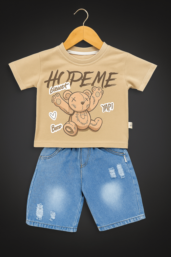 Kiddozoo Hopeme Beige Teddy Graphic T-Shirt & Distressed Denim Shorts Set for Boys & Girls