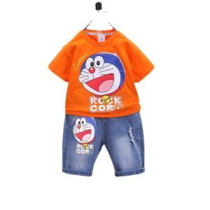 Kiddozoo Cartoon Print T-Shirt & Denim Shorts Set for Boys – Summer Casual Wear