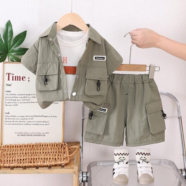 Kiddozoo 3-Piece Boys' Summer Cargo Set – Utility Shirt, Graphic Tee & Cargo Shorts Combo
