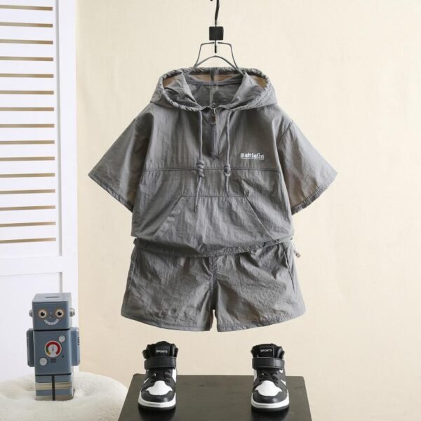 Kiddozoo Grey Windbreaker Hoodie & Shorts Set for Boys – Lightweight Summer Activewear (1–6 Years)
