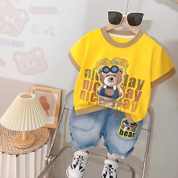 Kiddozoo Yellow Bear Print T-Shirt & Blue Denim Shorts Set for Boys – Summer Casual Outfit (1–6 Years)