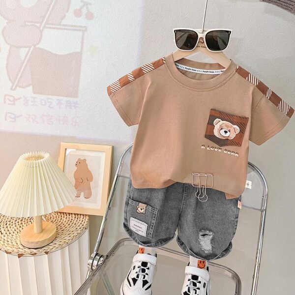 Kiddozoo Brown Bear Pocket T-Shirt & Charcoal Denim Shorts Set for Boys – Trendy Summer Outfit (1–6 Years)