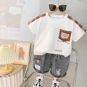 Kiddozoo White Bear Pocket T-Shirt & Charcoal Denim Shorts Set for Boys – Trendy Summer Outfit (1–6 Years)