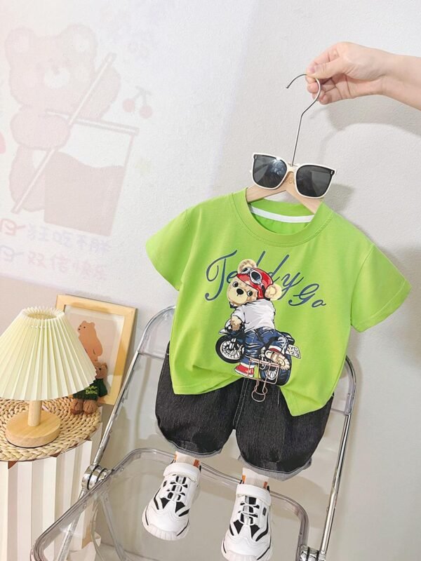 Kiddozoo Teddy Go Green Biker Bear T-Shirt & Black Shorts Set for Boys – Cool Summer Outfit (1–6 Years)