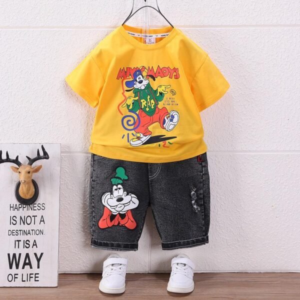 Kiddozoo Mickey Skater Yellow T-Shirt & Goofy Print Black Denim Shorts – Cool Cartoon Summer Set for Boys (1–6 Years)