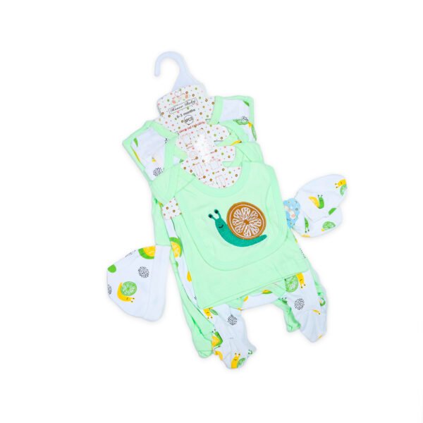 Kiddozoo 8-Piece Newborn Baby Gift Set — Sleepsuit, Bodysuit, Bib, Cap, Mittens & More (Green Snail Print)