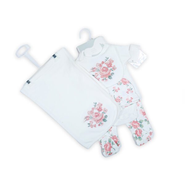 Kiddozoo 6-Piece Baby Girl Gift Set – Floral Embroidered Layette Set with Bodysuit, Pants, Bib & Blanket – 0-6 Months
