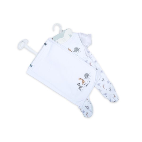 Kiddozoo 6-Piece Baby Gift Set – Newborn Layette Essentials with Bodysuit, Footed Pants, Bib, Blanket – Jungle Animal Print (0-6 Months)