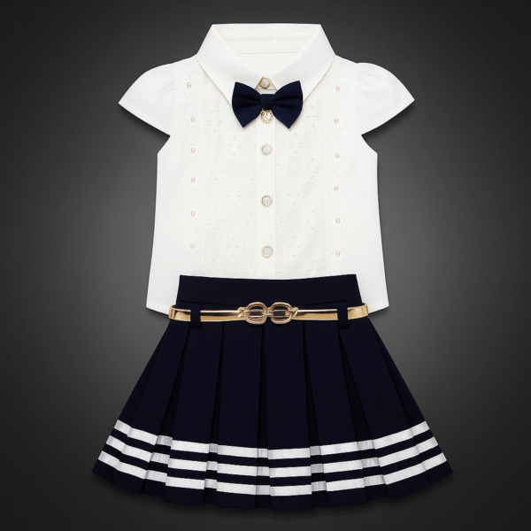 Kiddozoo Stylish White Shirt and Pleated Skirt Set with Belt